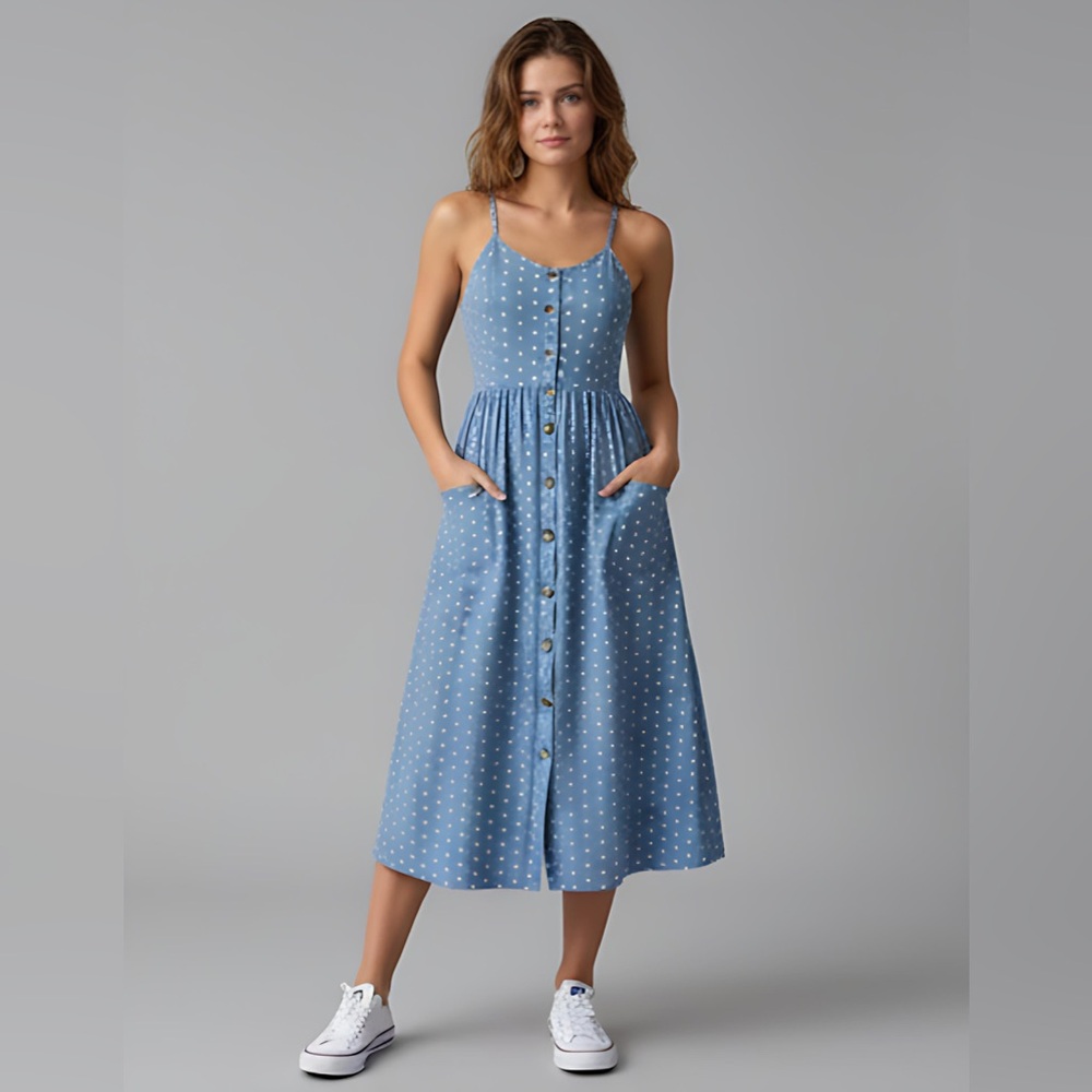 Polka Dot Button Front Cami Dress With Pockets Blue